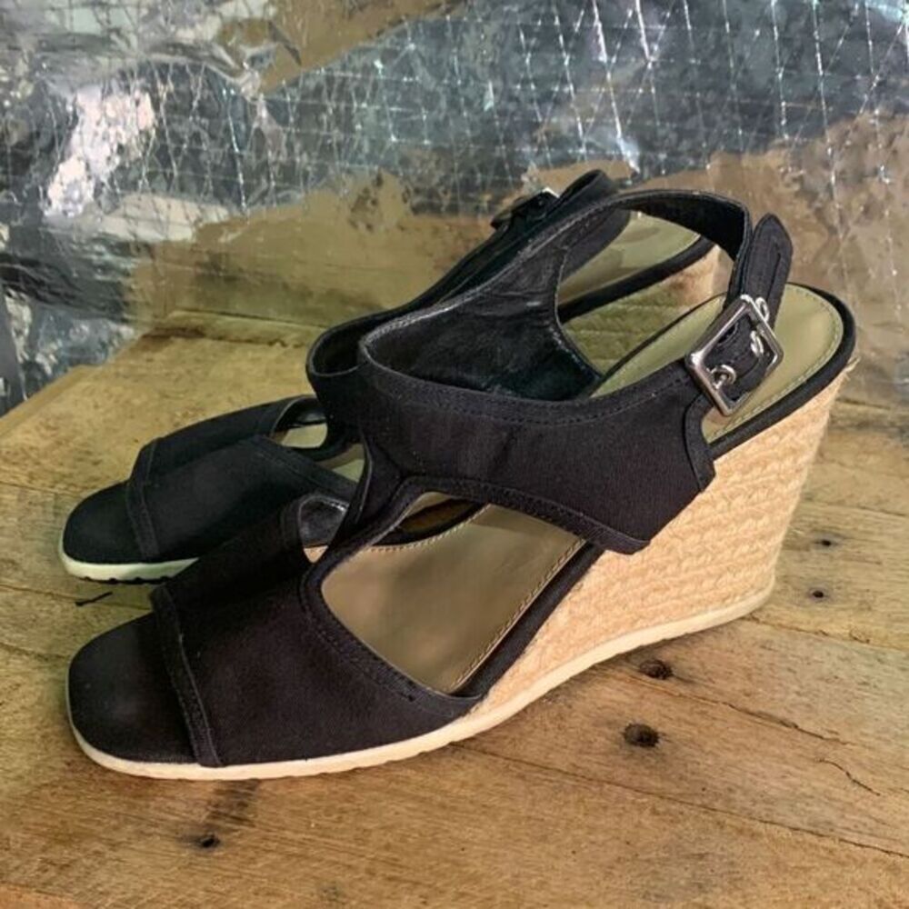 Franco Sarto Women's Black canvas Upper Wedge Sandals open toe